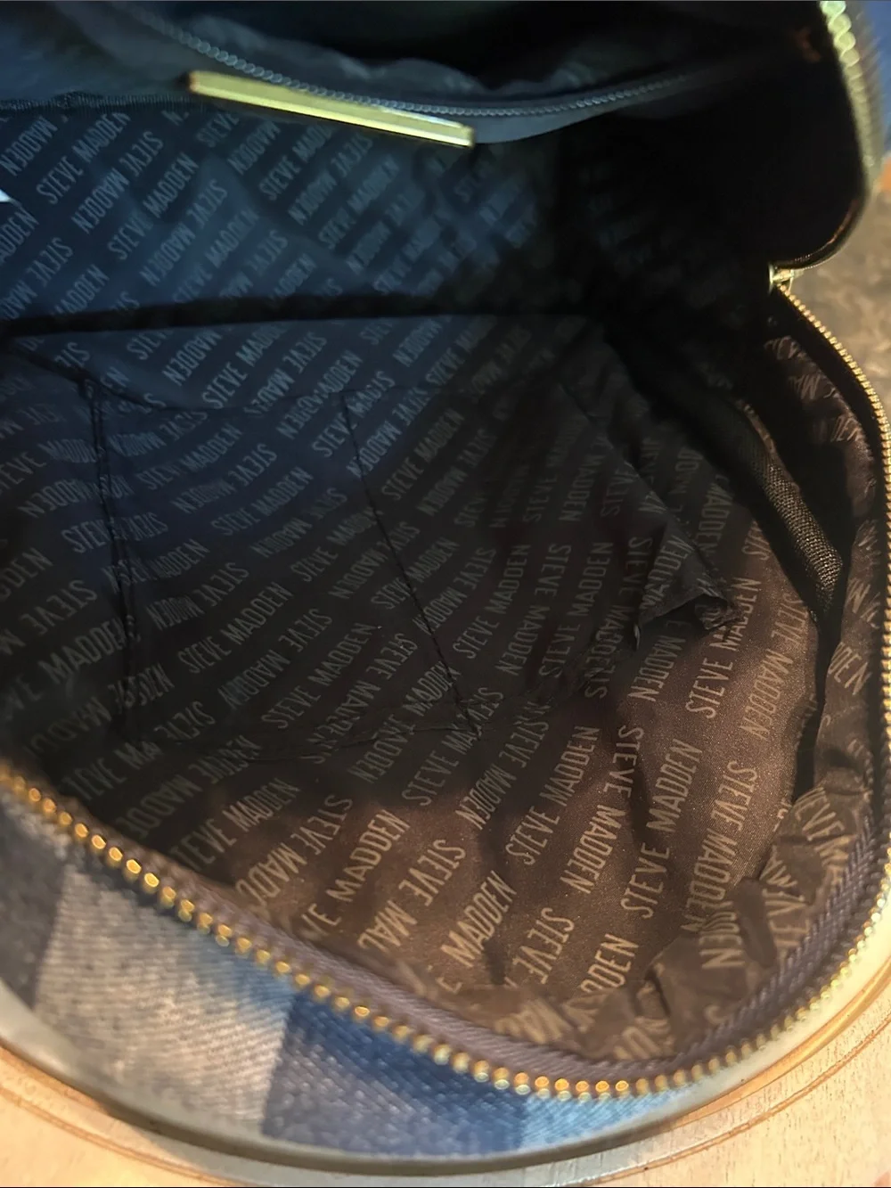 Steve Madden Blue Check Denim Mini Backpack with Gold Chain